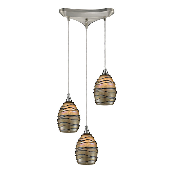 Vines 3 Light Pendant In Satin Nickel And Tan Glass