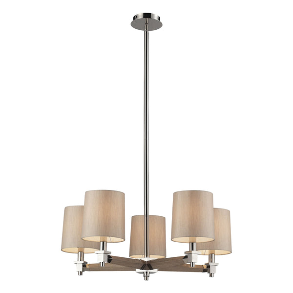 Jorgenson 5 Light Chandelier In Polished Nickel And Taupe Wood