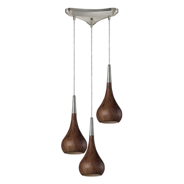 Lindsey 3 Light Pendant In Burl Wood And Satin Nickel