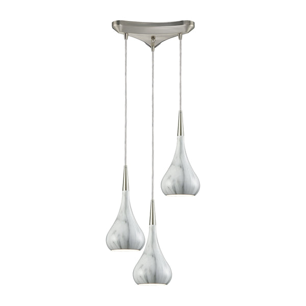Lindsey 3 Light Triangle Pan Fixture In Satin Nickel With Marble Print Shade - Includes Recessed Lighting Kit