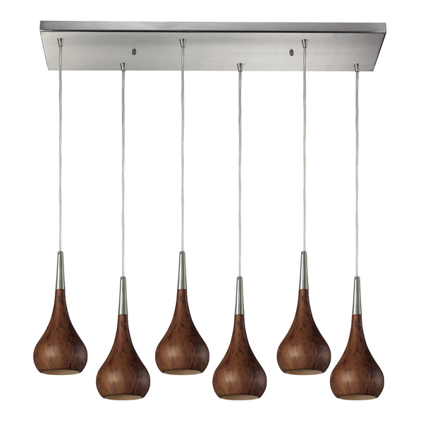 Lindsey 6 Light Pendant In Burl Wood And Satin Nickel