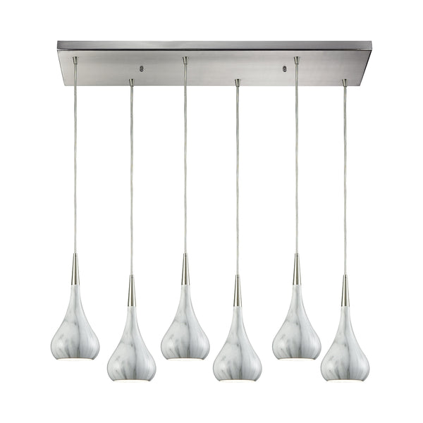 Lindsey 6 Light Rectangle Fixture In Satin Nickel With Marble Print Shade