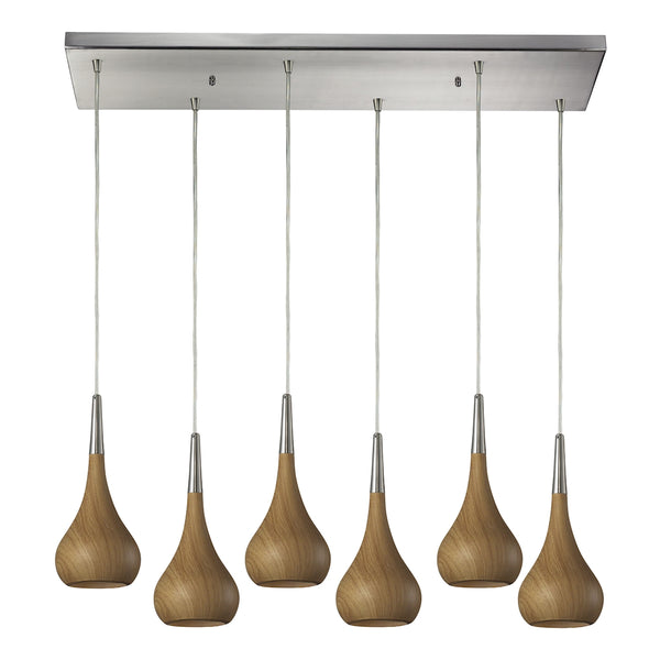 Lindsey 6 Light Pendant In Medium Oak And Satin Nickel