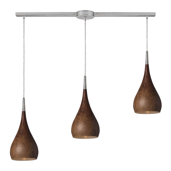 Lindsey 3 Light Pendant In Burl Wood And Satin Nickel