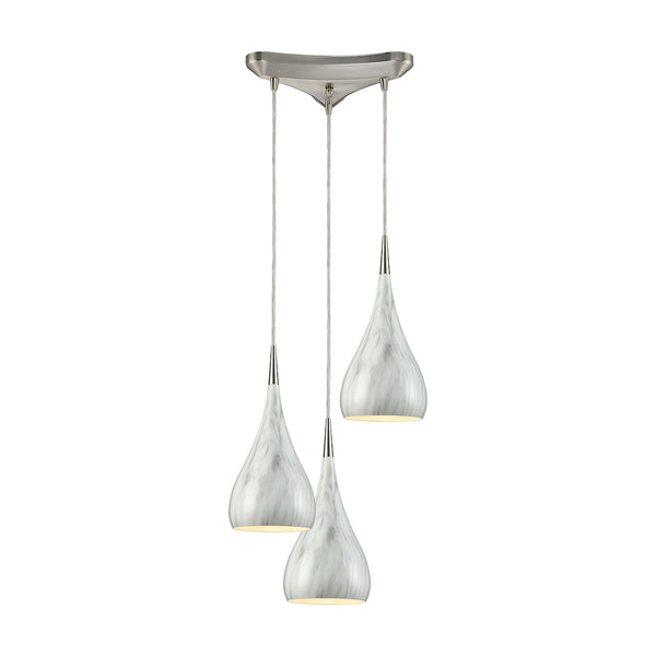 Lindsey 3 Light Triangle Pan Fixture In Satin Nickel With Marble Print Shade