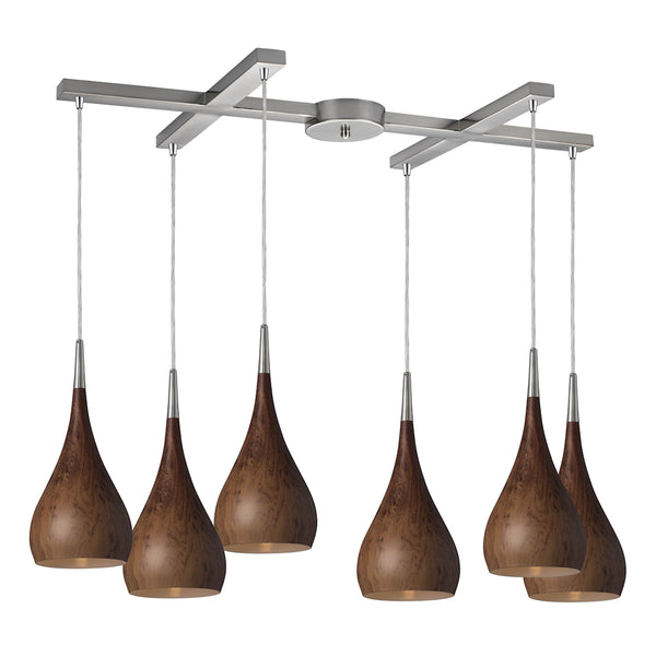 Lindsey 6 Light Pendant In Burl Wood And Satin Nickel