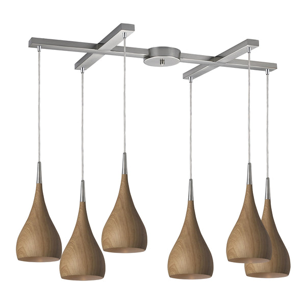 Lindsey 6 Light Pendant In Medium Oak And Satin Nickel