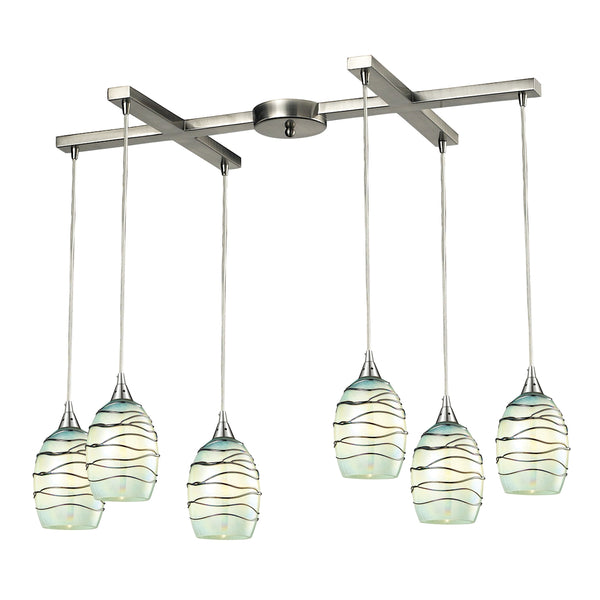 Vines 6 Light Pendant In Satin Nickel And Mint Glass