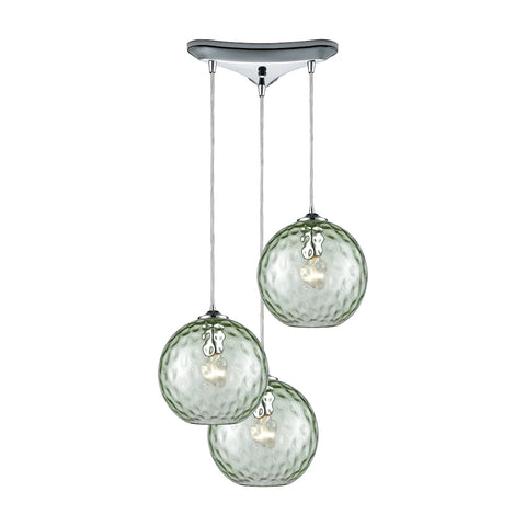 Watersphere 3 Light Triangle Pan Fixture In Polished Chrome With Green Hammered Glass