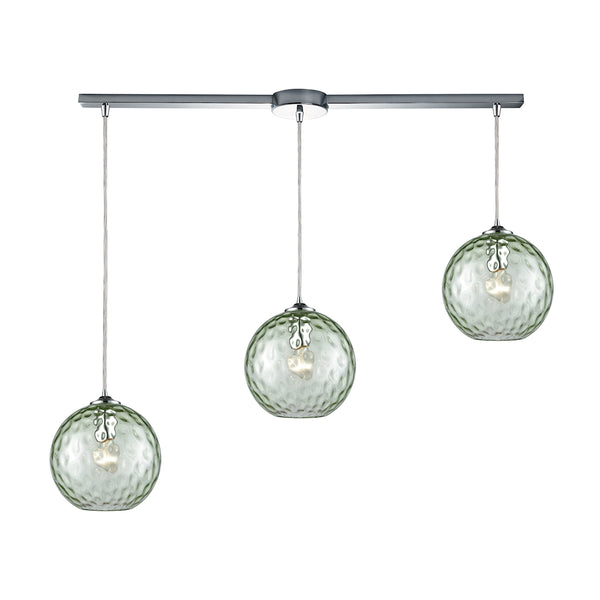 Watersphere 3 Light Linear Bar Fixture In Polished Chrome With Green Hammered Glass