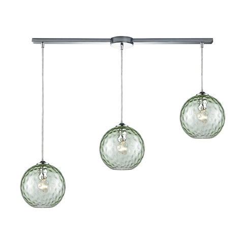 Watersphere 3 Light Linear Bar Fixture In Polished Chrome With Green Hammered Glass