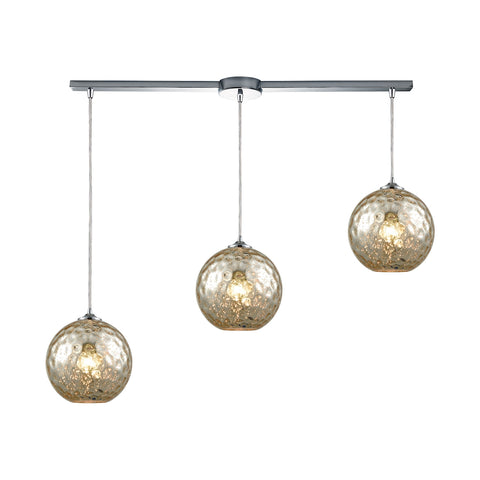 Watersphere 3 Light Linear Bar Fixture In Polished Chrome With Mercury Hammered Glass