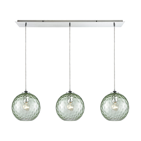 Watersphere 3 Light Linear Pan Fixture In Polished Chrome With Green Hammered Glass