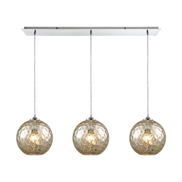 Watersphere 3 Light Linear Pan Fixture In Polished Chrome With Mercury Hammered Glass