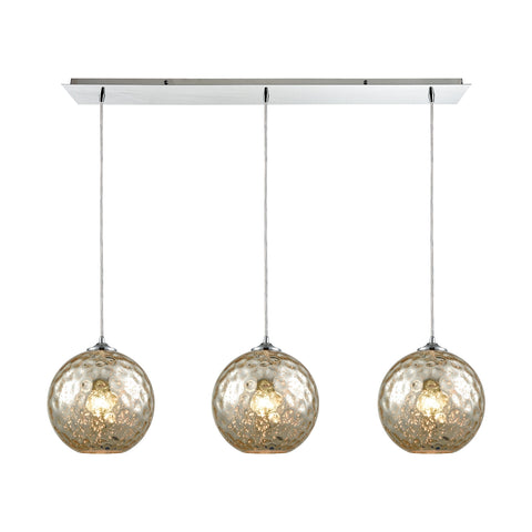 Watersphere 3 Light Linear Pan Fixture In Polished Chrome With Mercury Hammered Glass