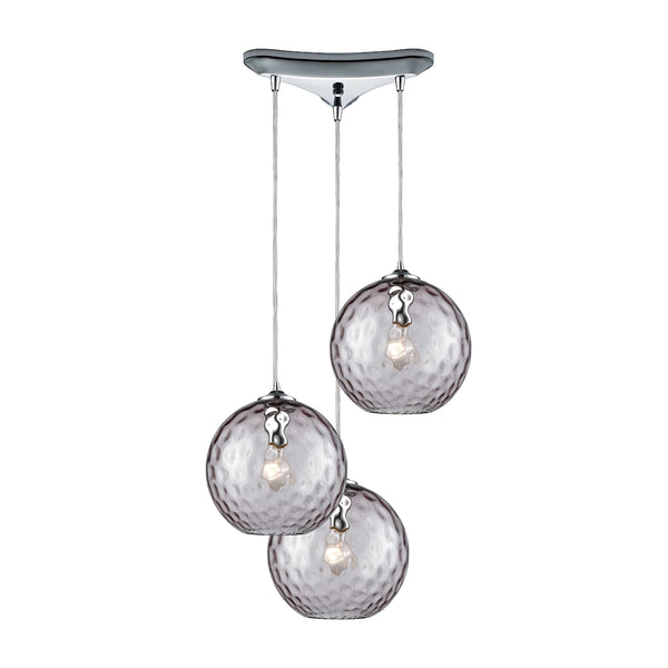 Watersphere 3 Light Triangle Pan Fixture In Polished Chrome With Purple Hammered Glass