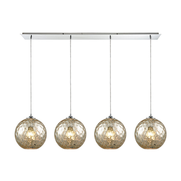 Watersphere 4 Light Linear Pan Fixture In Polished Chrome With Mercury Hammered Glass