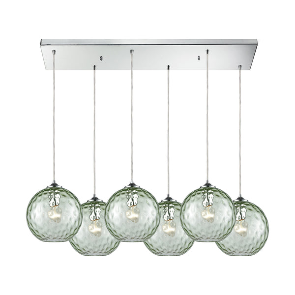 Watersphere 6 Light Rectangle Fixture In Polished Chrome With Green Hammered Glass