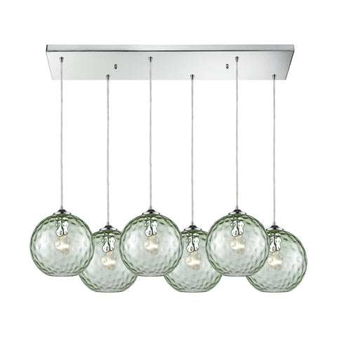 Watersphere 6 Light Rectangle Fixture In Polished Chrome With Green Hammered Glass