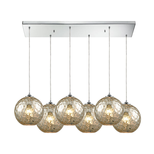 Watersphere 6 Light Rectangle Fixture In Polished Chrome With Mercury Hammered Glass
