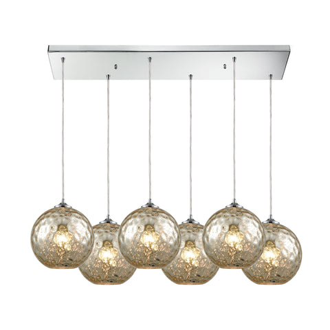 Watersphere 6 Light Rectangle Fixture In Polished Chrome With Mercury Hammered Glass