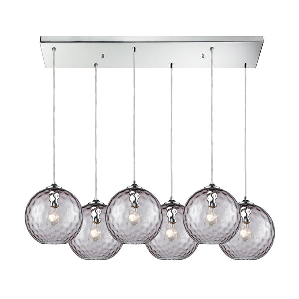 Watersphere 6 Light Rectangle Fixture In Polished Chrome With Purple Hammered Glass