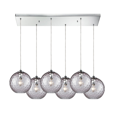 Watersphere 6 Light Rectangle Fixture In Polished Chrome With Purple Hammered Glass