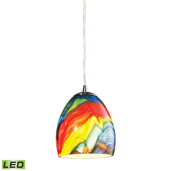 Colorwave 1 Light LED Pendant In Satin Nickel And Rainbow Streak Glass