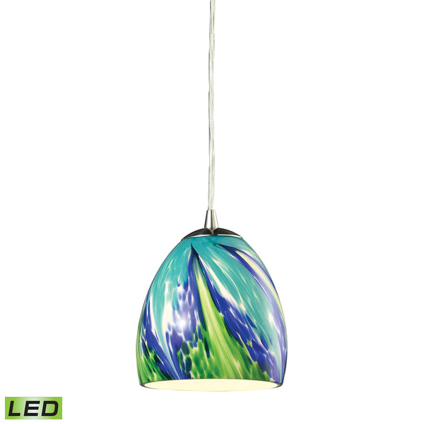 Colorwave 1 Light LED Pendant In Satin Nickel And Tropics Glass