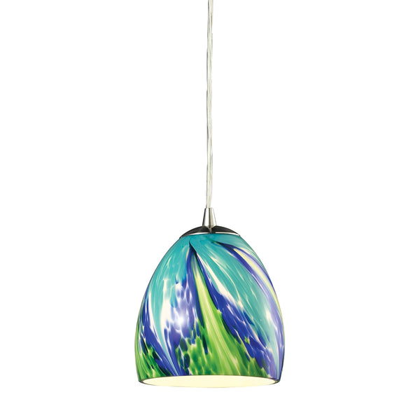 Colorwave 1 Light Pendant In Satin Nickel And Tropics Glass