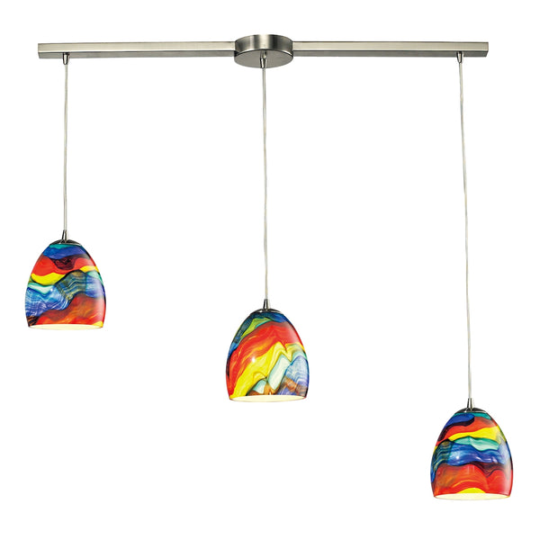 Colorwave 3 LED Light Pendant In Satin Nickel And Rainbow Streak Glass