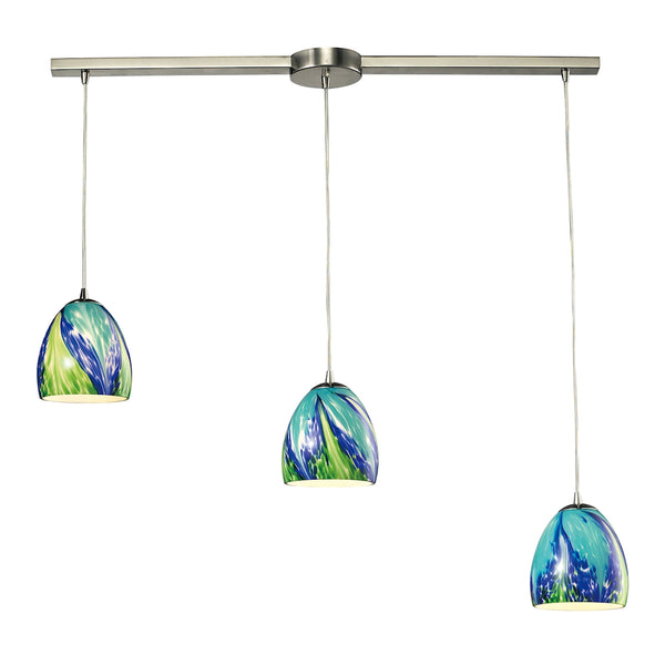 Colorwave 3 Light Pendant In Satin Nickel And Tropics Glass