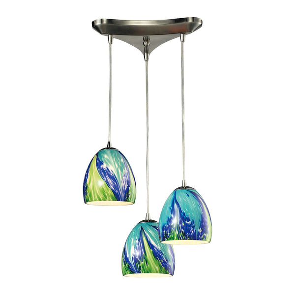 Colorwave 3 Light Pendant In Satin Nickel And Tropics Glass