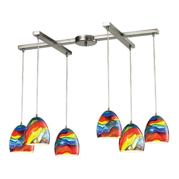 Colorwave 6 LED Light Pendant In Satin Nickel And Rainbow Streak Glass