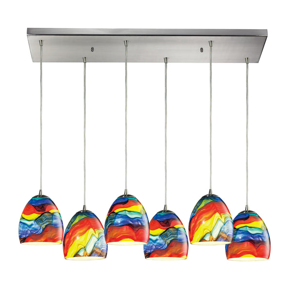 Colorwave 6 Light Pendant In Satin Nickel And Rainbow Streak Glass