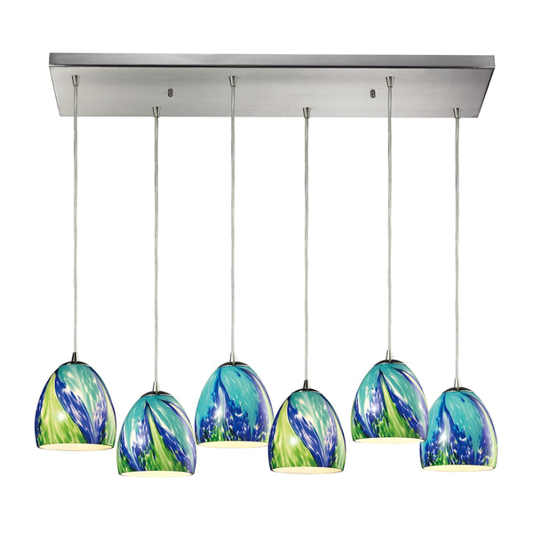 Colorwave 6 LED Light Pendant In Satin Nickel And Tropics Glass