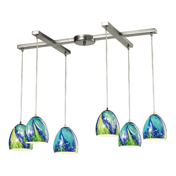Colorwave 6 LED Light Pendant In Satin Nickel And Tropics Glass
