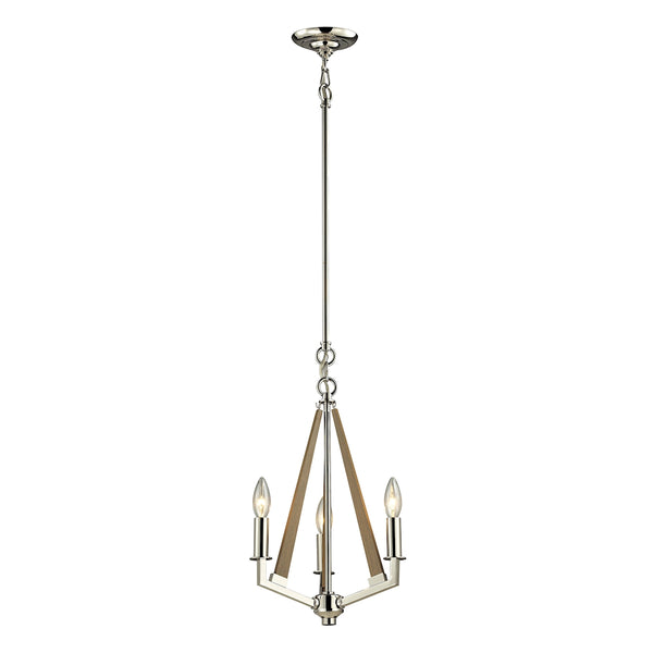 Madera 3 Light Chandelier In Polished Nickel And Natural Wood