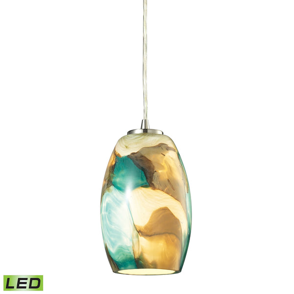 Surreal 1 Light LED Pendant In Satin Nickel With Cream And Green Glass