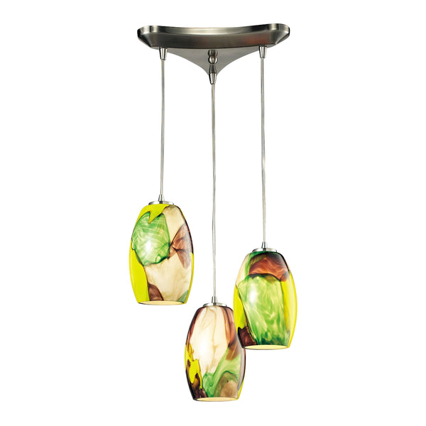 Surreal 3 Light Pendant In Satin Nickel With Cream And Yellow Glass