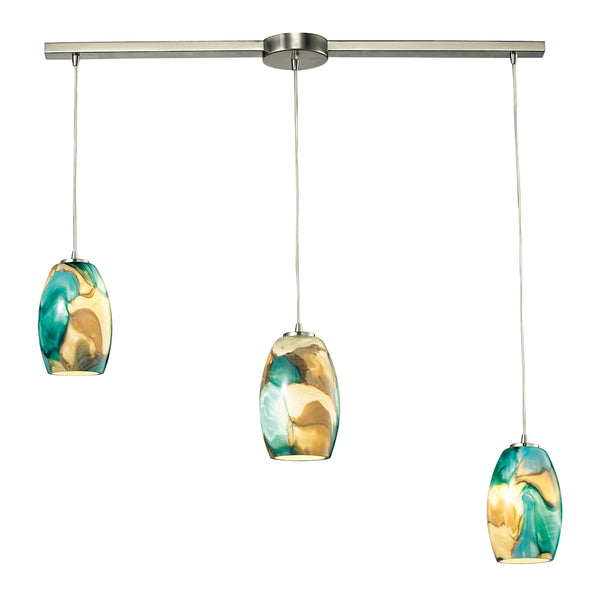 Surreal 3 LED Light Pendant In Satin Nickel With Cream And Green Glass