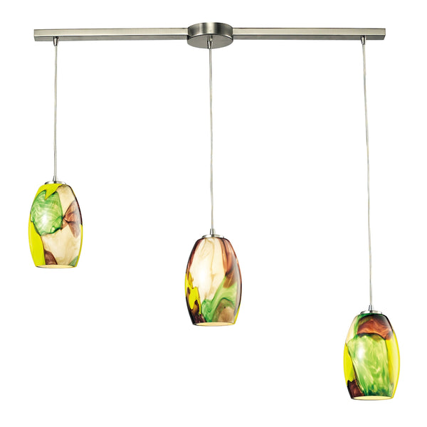 Surreal 3 Light Pendant In Satin Nickel With Cream And Yellow Glass