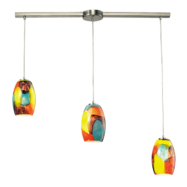 Surreal 3 Light Pendant In Satin Nickel With Red And Yellow Glass
