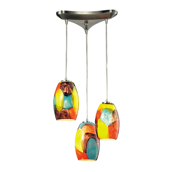 Surreal 3 Light Pendant In Satin Nickel With Red And Yellow Glass