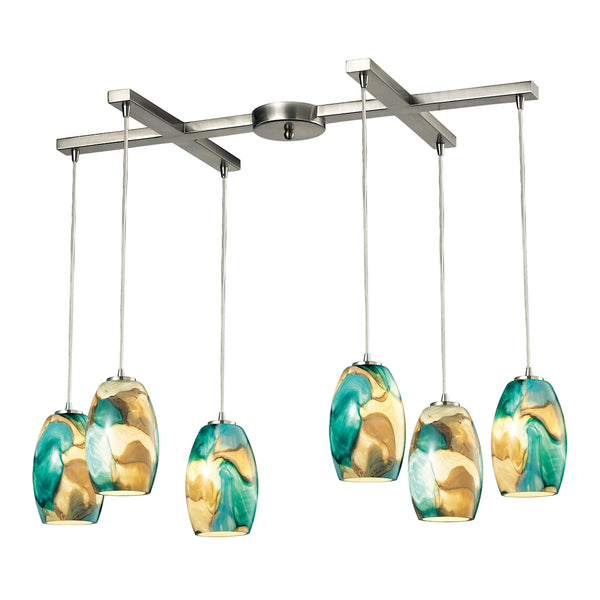 Surreal 6 Light Pendant In Satin Nickel With Cream And Green Glass