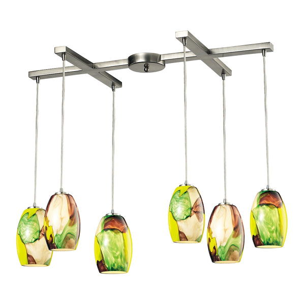 Surreal 6 Light Pendant In Satin Nickel With Cream And Yellow Glass