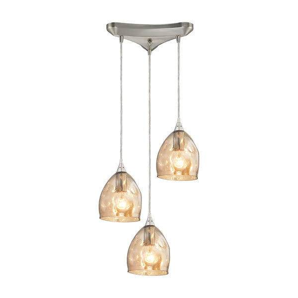 Niche 3 Light Pendant In Satin Nickel And Champagne Plated Glass