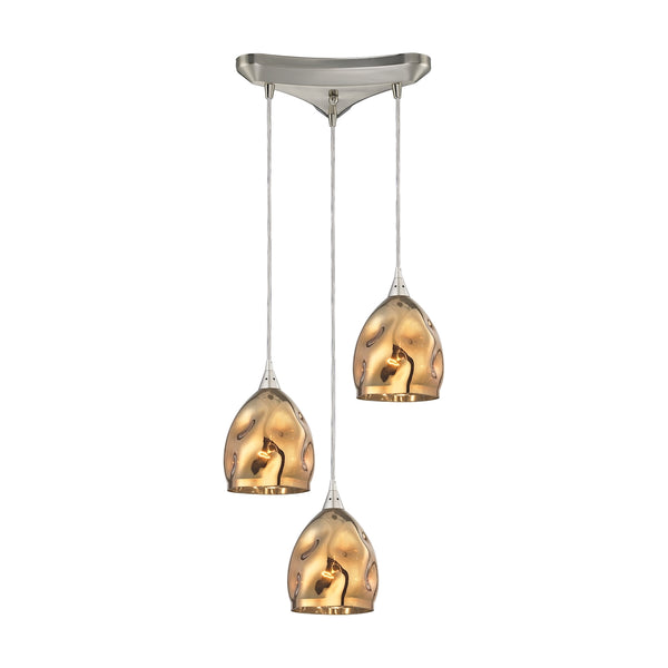 Niche 3 Light Pendant In Satin Nickel And Polished Gold Glass