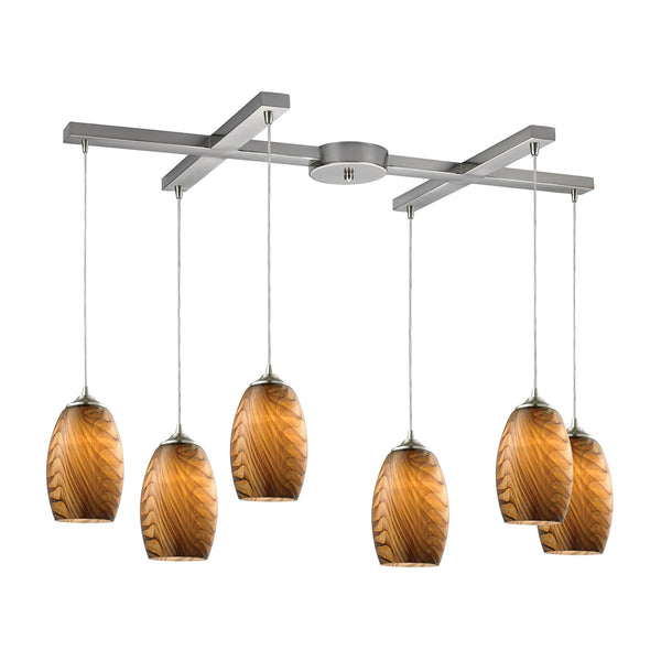 Tidewaters 6 Light Pendant In Satin Nickel And Seagrass