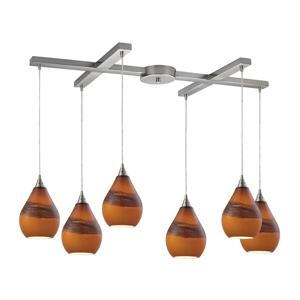 Dunes 6 Light Pendant In Satin Nickel And Shadow Glass